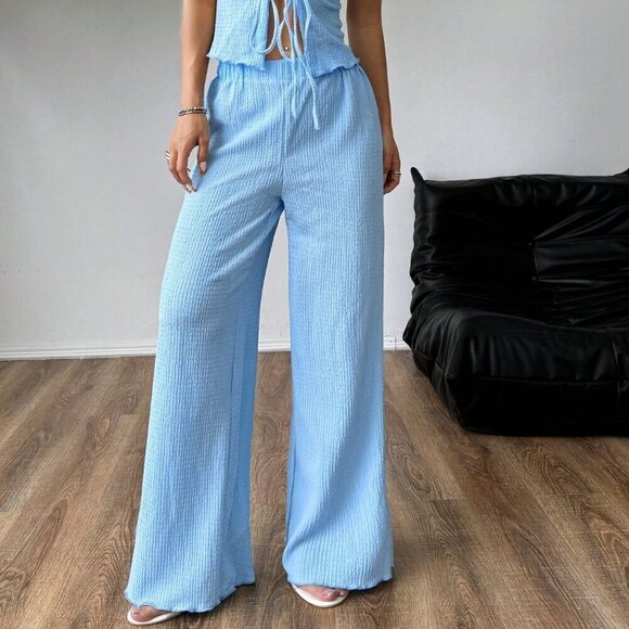 Blue Sexy Women's Textured Fabric Pleated Halter Neck Loose Wide Leg Pants Set - Picture 4 of 6